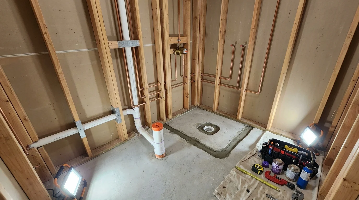 Bathroom rough-in plumbing during remodel by Johns Plumbing LLC in Henrietta