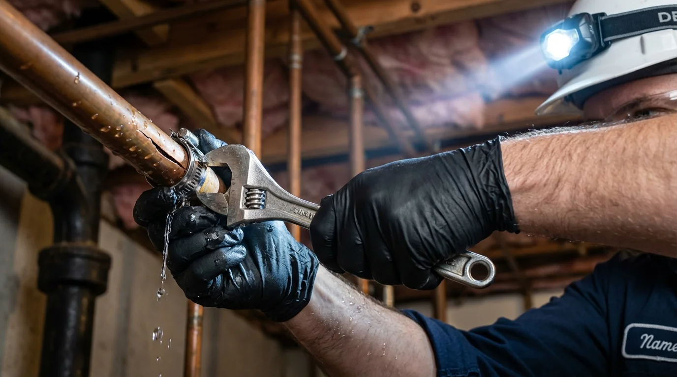 Emergency pipe clamp repair being performed by a Johns Plumbing LLC plumber in Henrietta