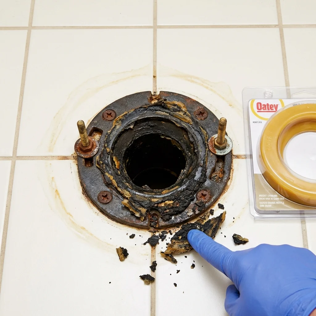 Failed wax ring showing water seepage at the base of a toilet in a Henrietta, TX home