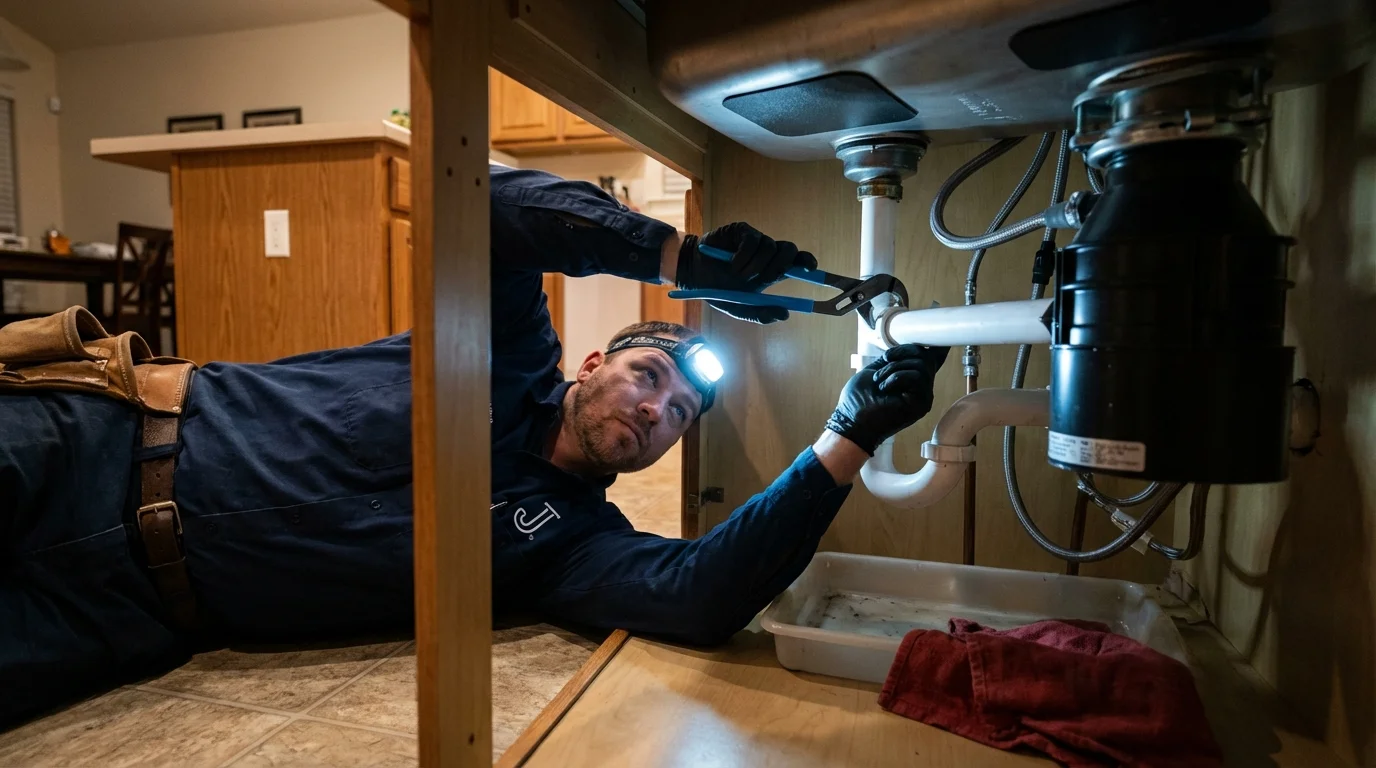 P-trap and supply line connections under a kitchen sink showing a common leak point in Henrietta, TX